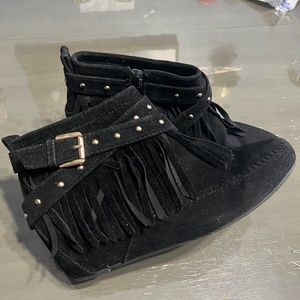 Black suede fringe bootie